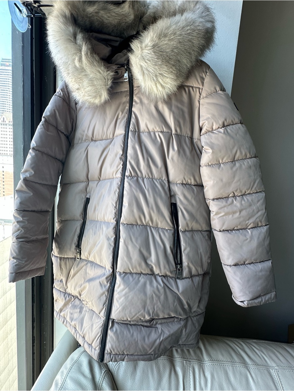 DKNY Taupe Quilted Puffer Coat with Faux Fur Trim Hood